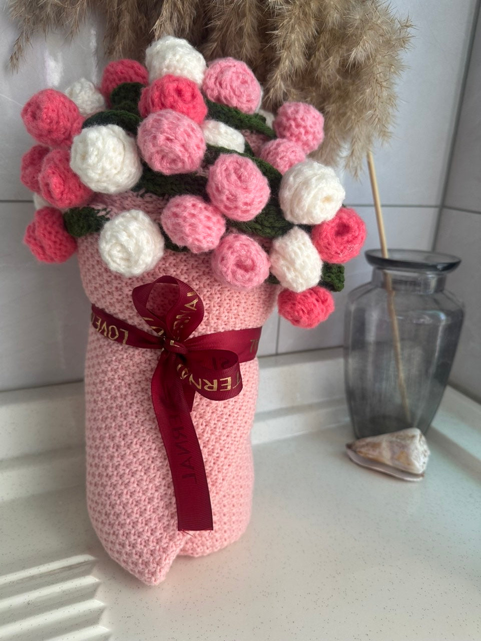 WrapTheLove Finished Flower Bouquet Blanket, Handmade Crochet Rose Bouquet Blanket, Soft Knitted Throw Blanket, Romantic Gift for Birthday, Wedding, Valentine's Day, Mother's Day, Christmas for mum, daughter, girls, and sisters, friends