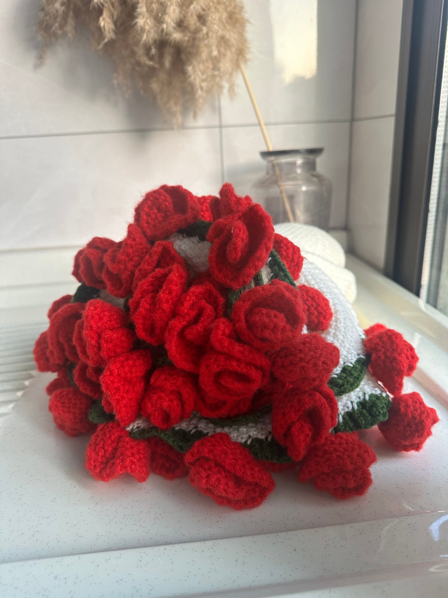 WrapTheLove Finished Flower Bouquet Blanket, Handmade Crochet Rose Bouquet Blanket, Soft Knitted Throw Blanket, Romantic Gift for Birthday, Wedding, Valentine's Day, Mother's Day, Christmas for mum, daughter, girls, and sisters, friends