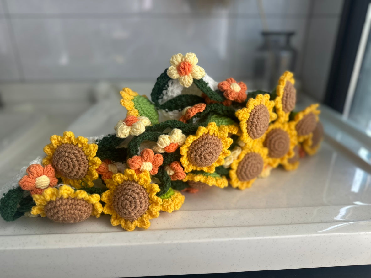 WrapTheLove Finished Handmade Crochet Sunflower Bouquet Blanket, Soft Knitted Throw Blanket, Romantic Gift for Birthday, Wedding, Valentine's Day, Mother's Day, Christmas for mum, daughter, girls, and sisters, friends